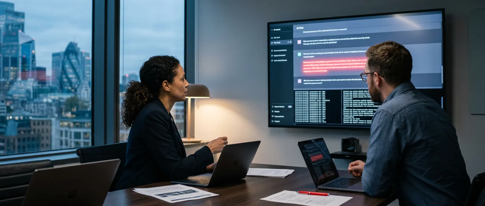 Illustrative photo: two FireBreak testers reviewing a flagged AI chat response on a wall screen in a London meeting room