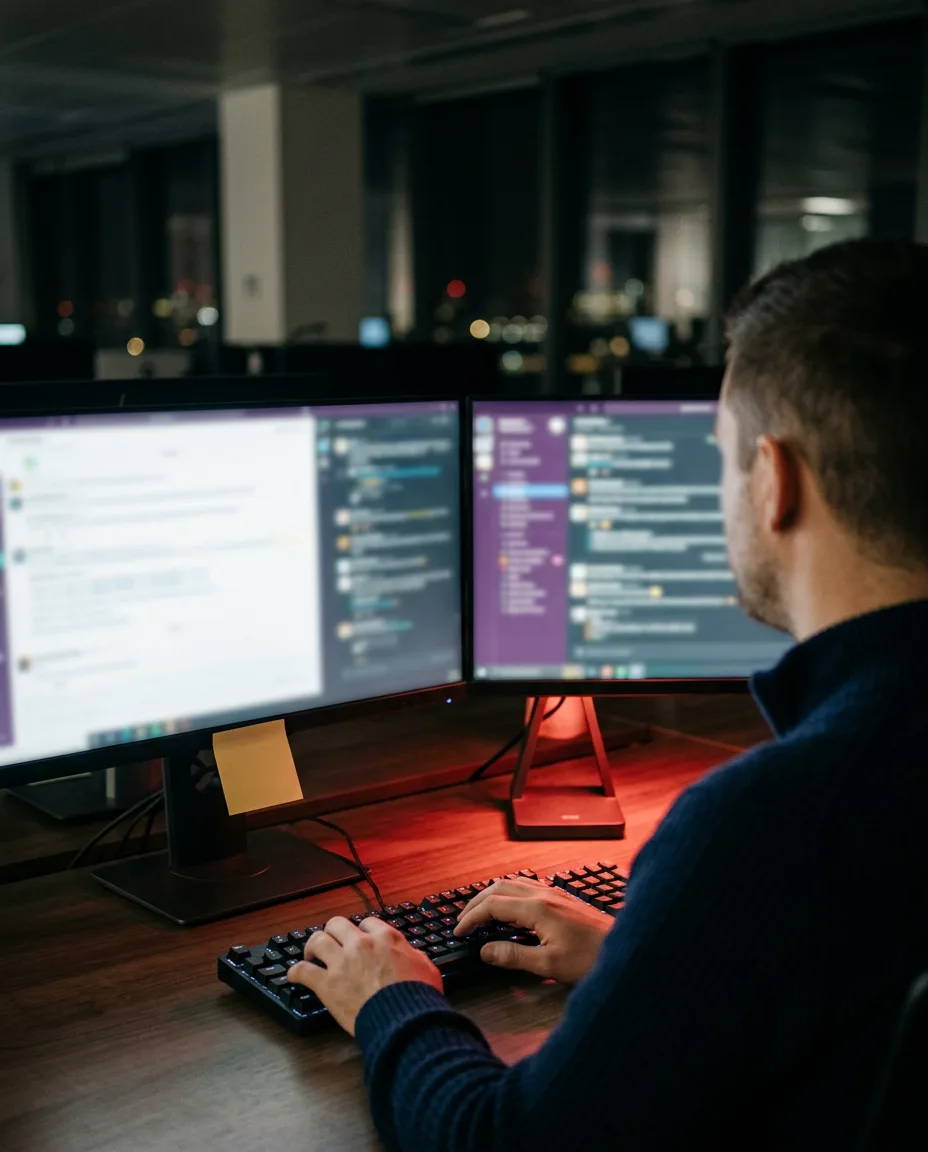 Illustrative photo: a FireBreak tester working late, testing an AI chat assistant across two monitors
