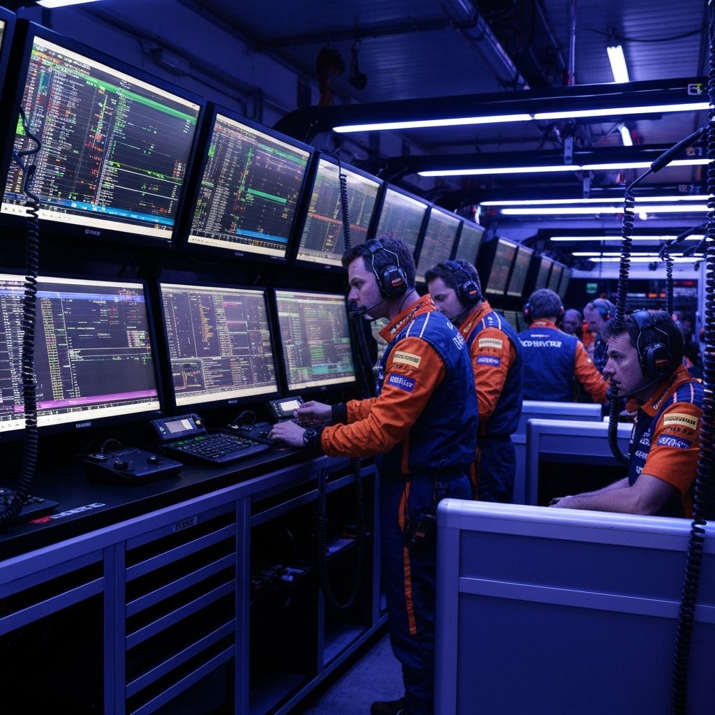 Formula 1 pit wall with engineers analyzing real-time telemetry data
