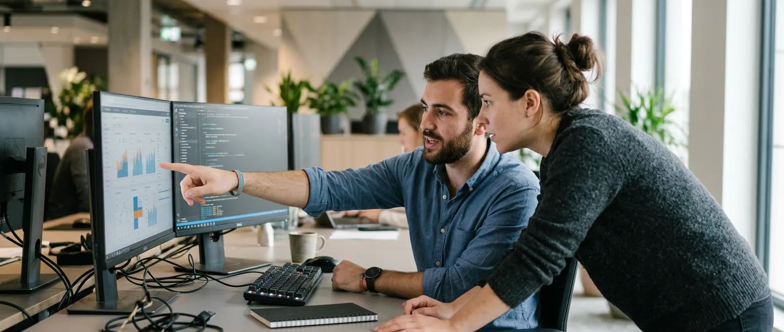 A machine learning engineer walking a colleague through test results