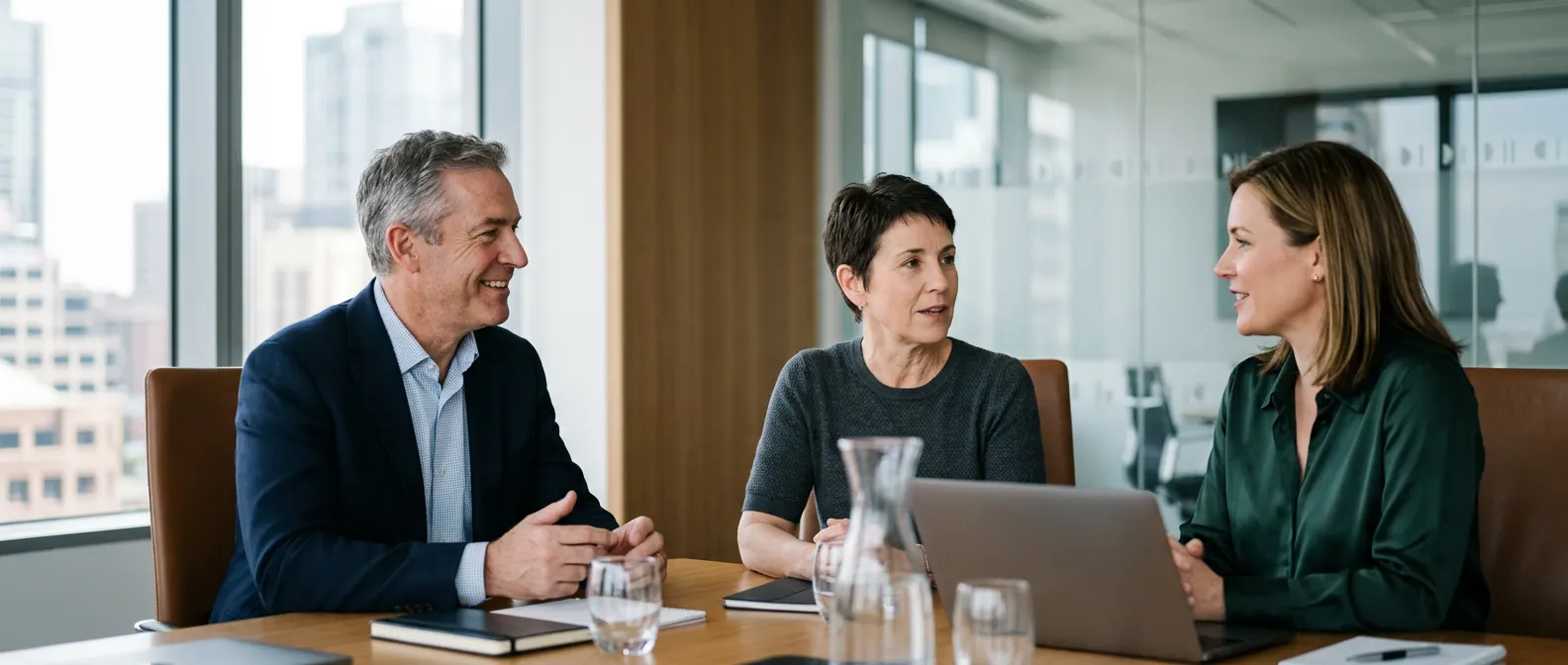 FireBreak's leaders in conversation with a client executive in a boardroom